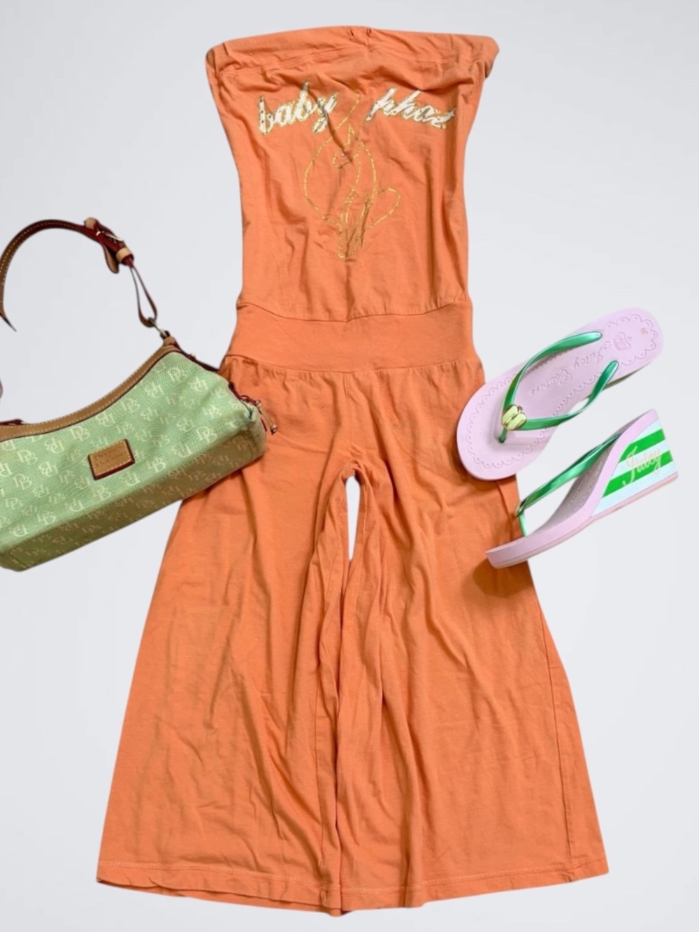 Y2K Baby Phat Peach Orange Strapless Lounge Jumpsuit Glitter Logo McBling